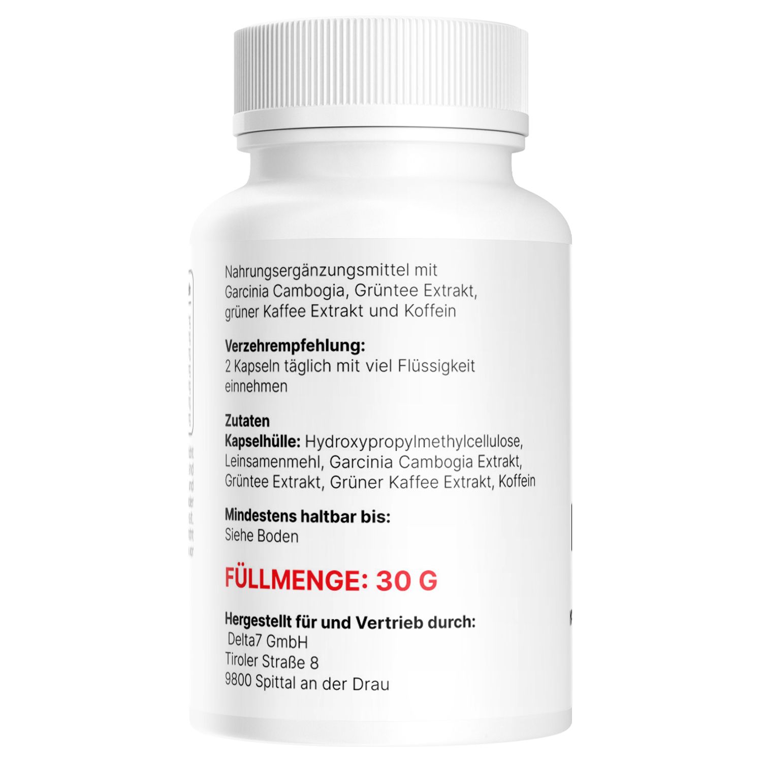 Retro del flacone bianco. Testo: Integratore alimentare con ingredienti. Peso netto: 30 g. Informazioni produttore.