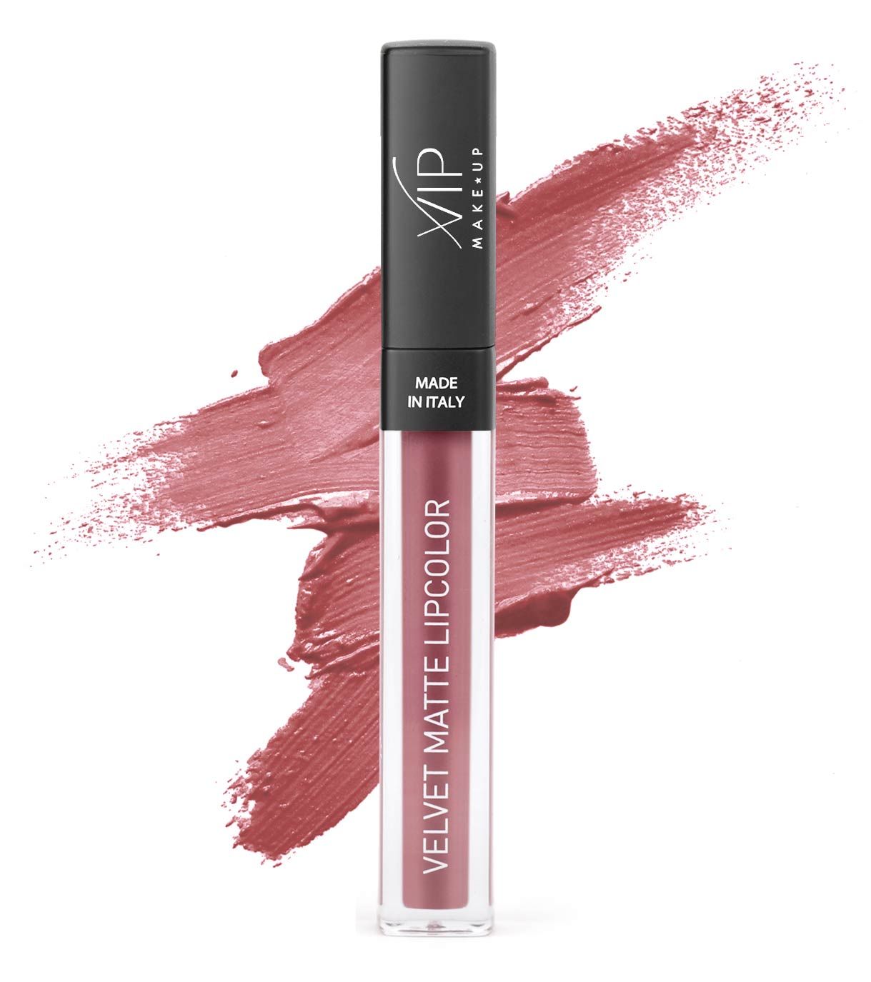 Un rossetto liquido dalla texture opaca e rosata. Applicatore nero con logo "VIP MAKE-UP" e scritta "MADE IN ITALY".