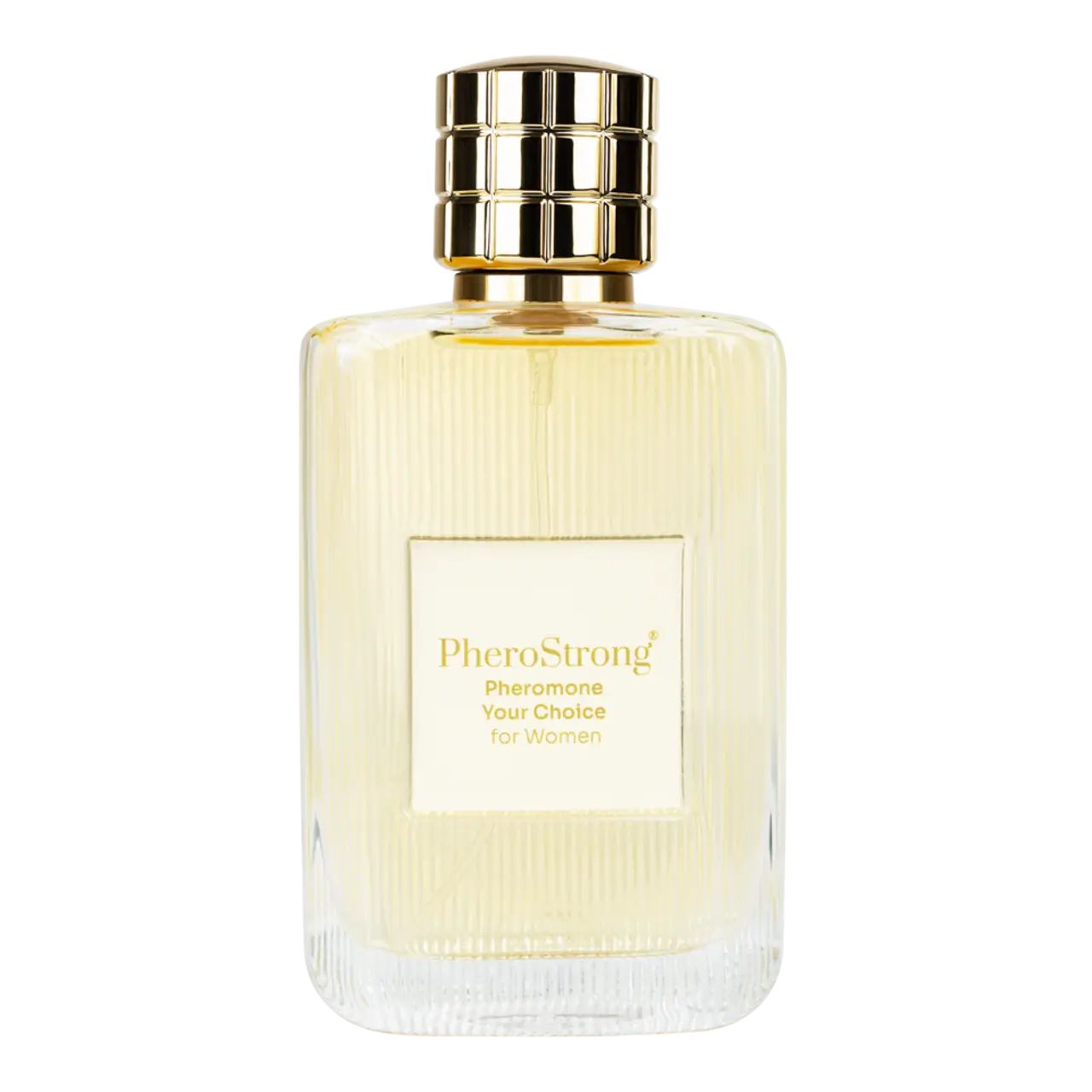 Flacone di profumo con tappo dorato ed etichetta quadrata. Flacone con superficie scanalata.