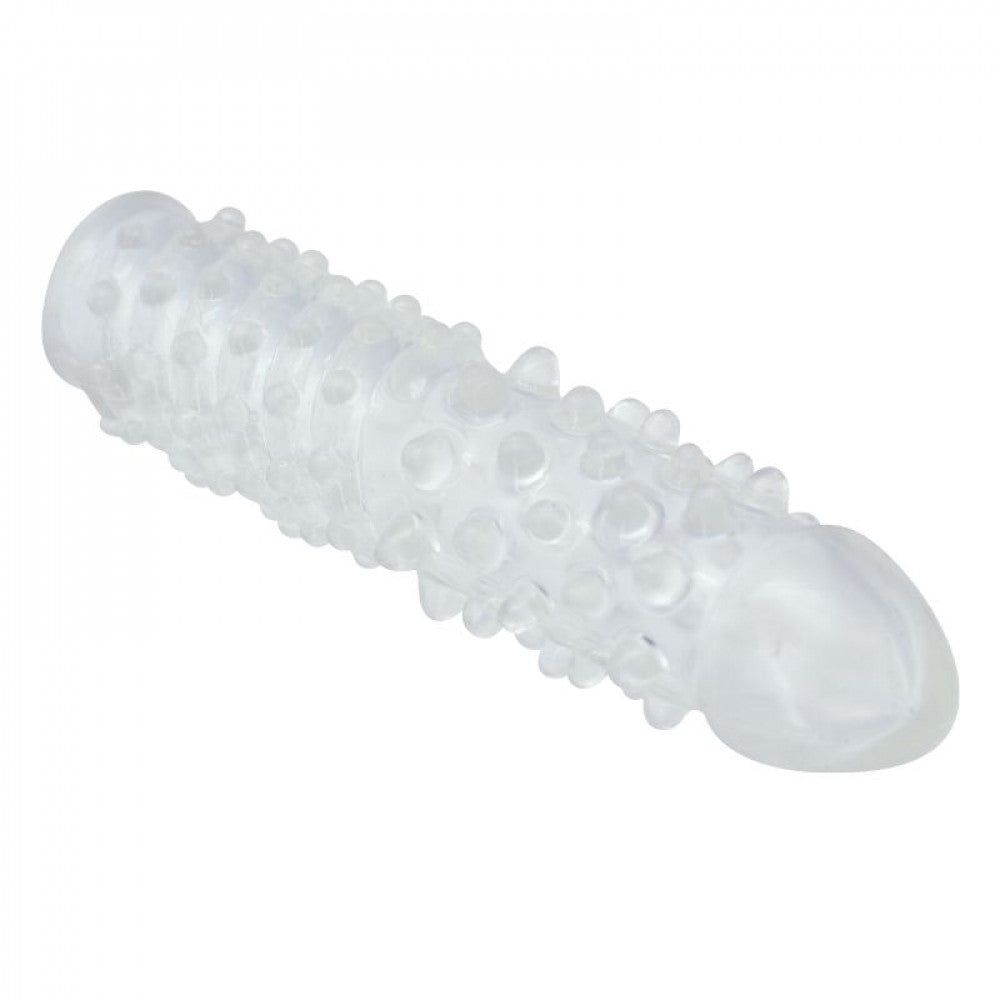 Prolunga peniena trasparente con rilievi. In silicone. Modellata per il pene.