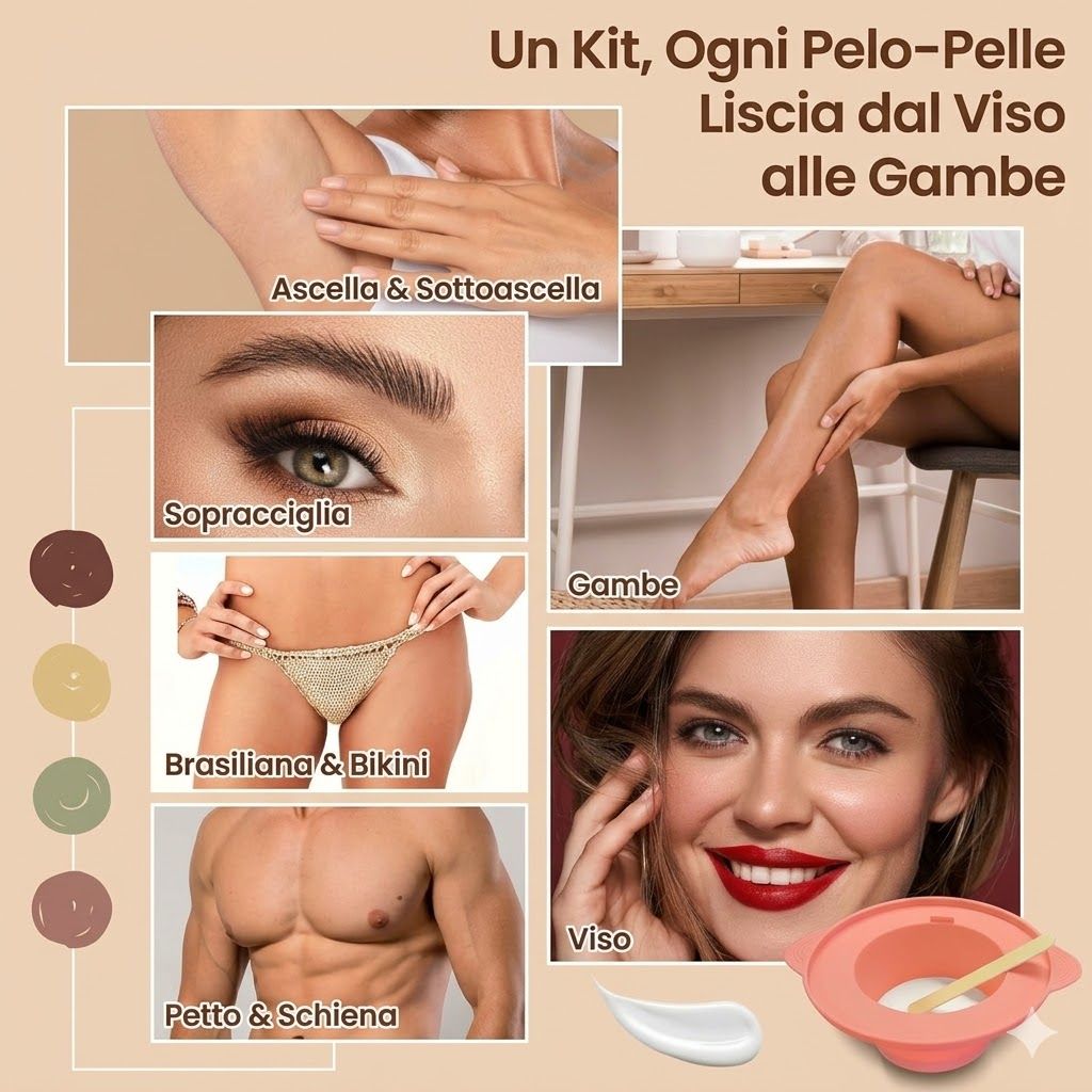 Collage con immagini di zone del corpo: ascelle, sopracciglia, zona intima, gambe, viso, petto. Con cera e spatola.