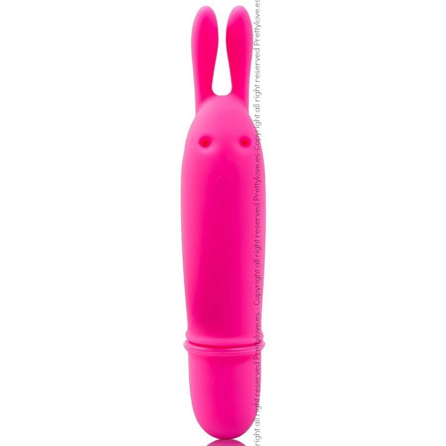 Vibratore coniglio rosa in silicone con due orecchie e un'estremità arrotondata, su sfondo bianco.