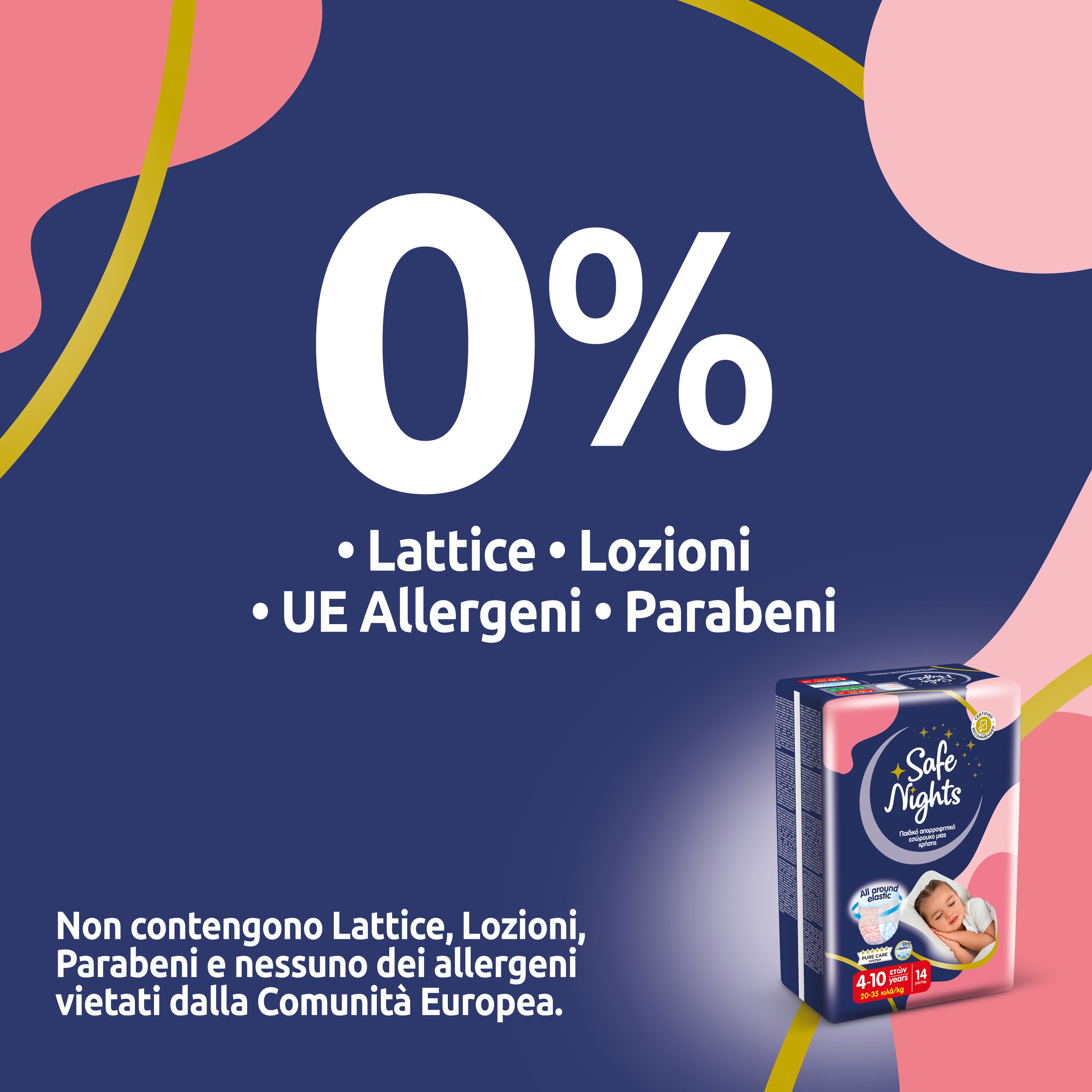 Pannolino senza lattice, lozioni, allergeni UE e parabeni. Confezione del prodotto Babylino Safe Nights Girls Pants. Testo: 0%.