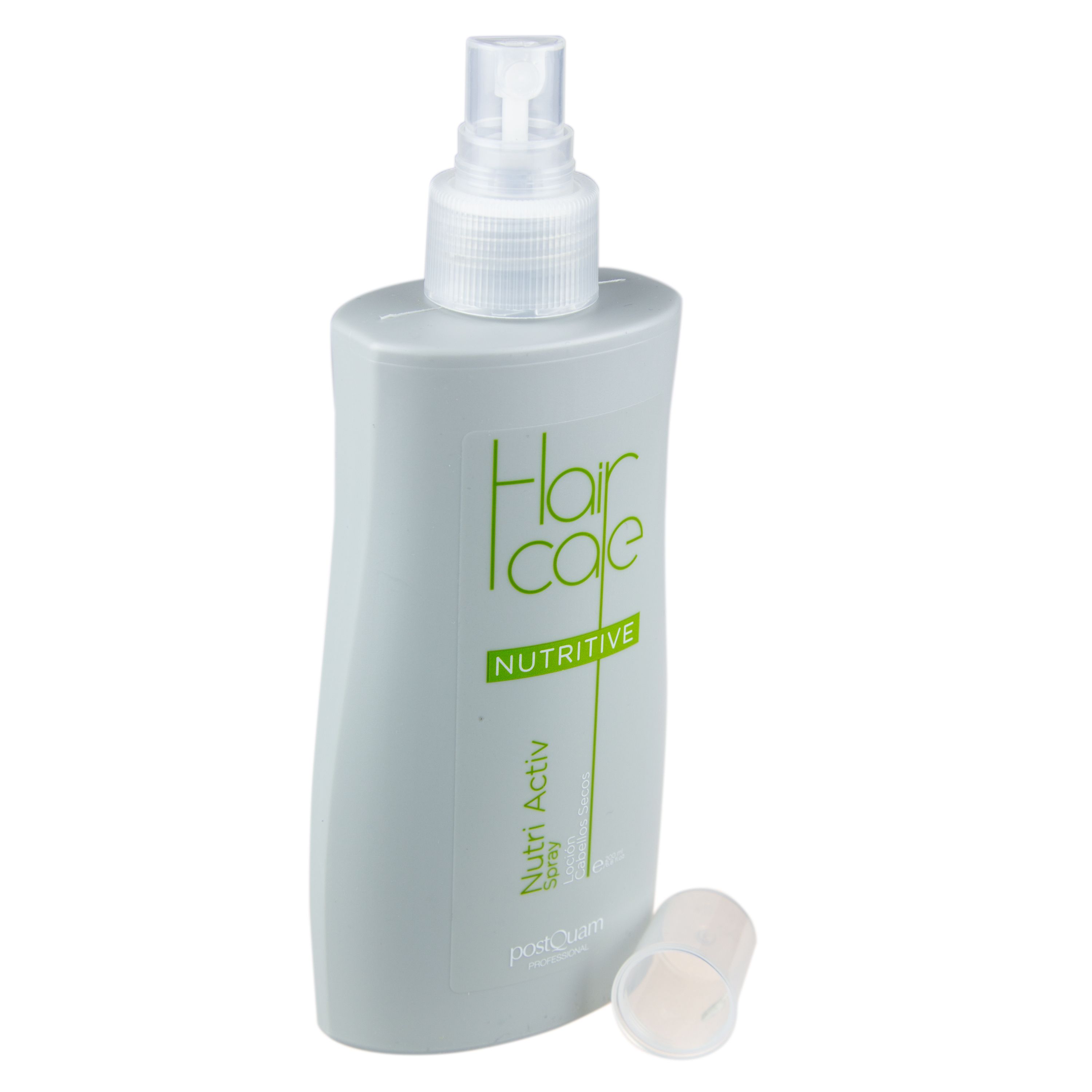 Flacone spray grigio con erogatore bianco e tappo. Scritta: Hair Care Nutritive Spray, Postquam.