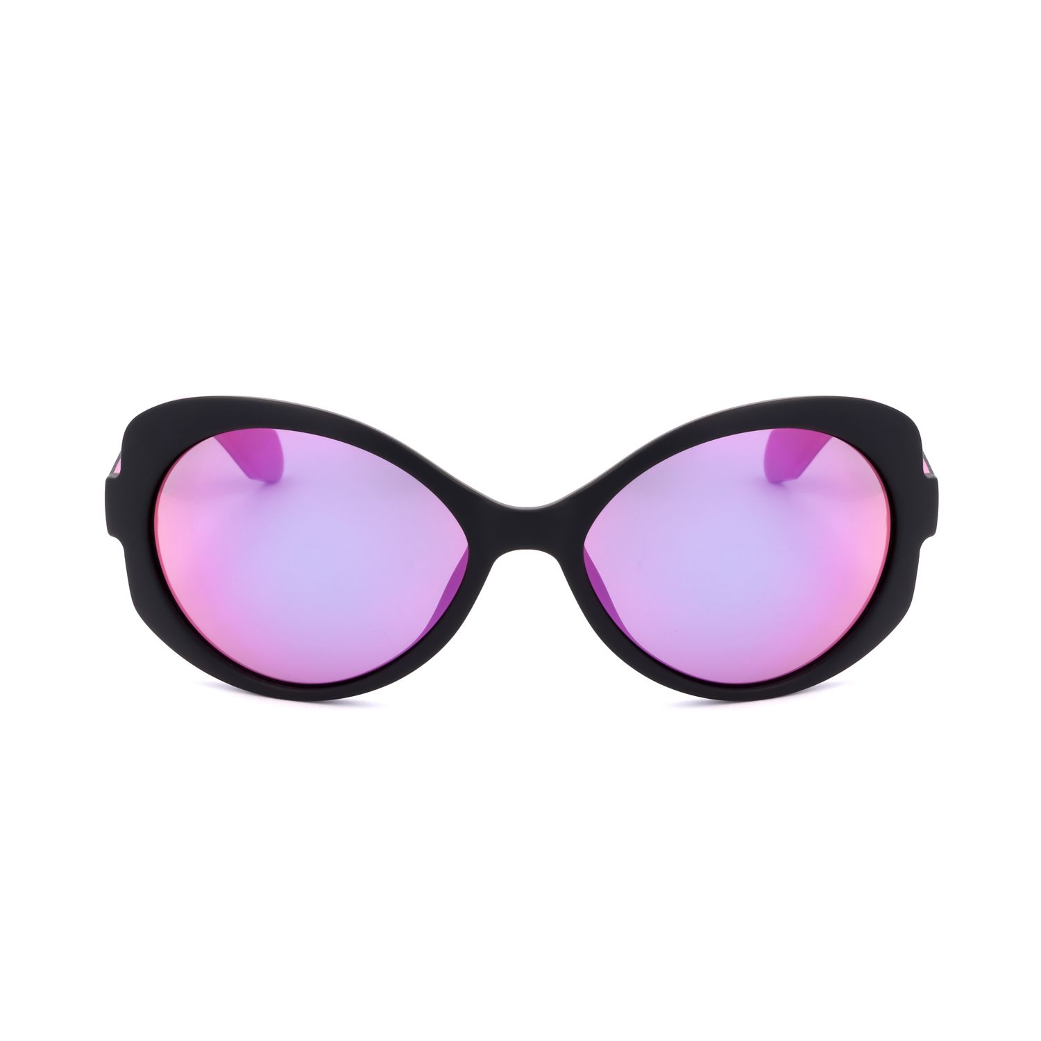 Occhiali da sole neri con lenti ovali a specchio rosa.
