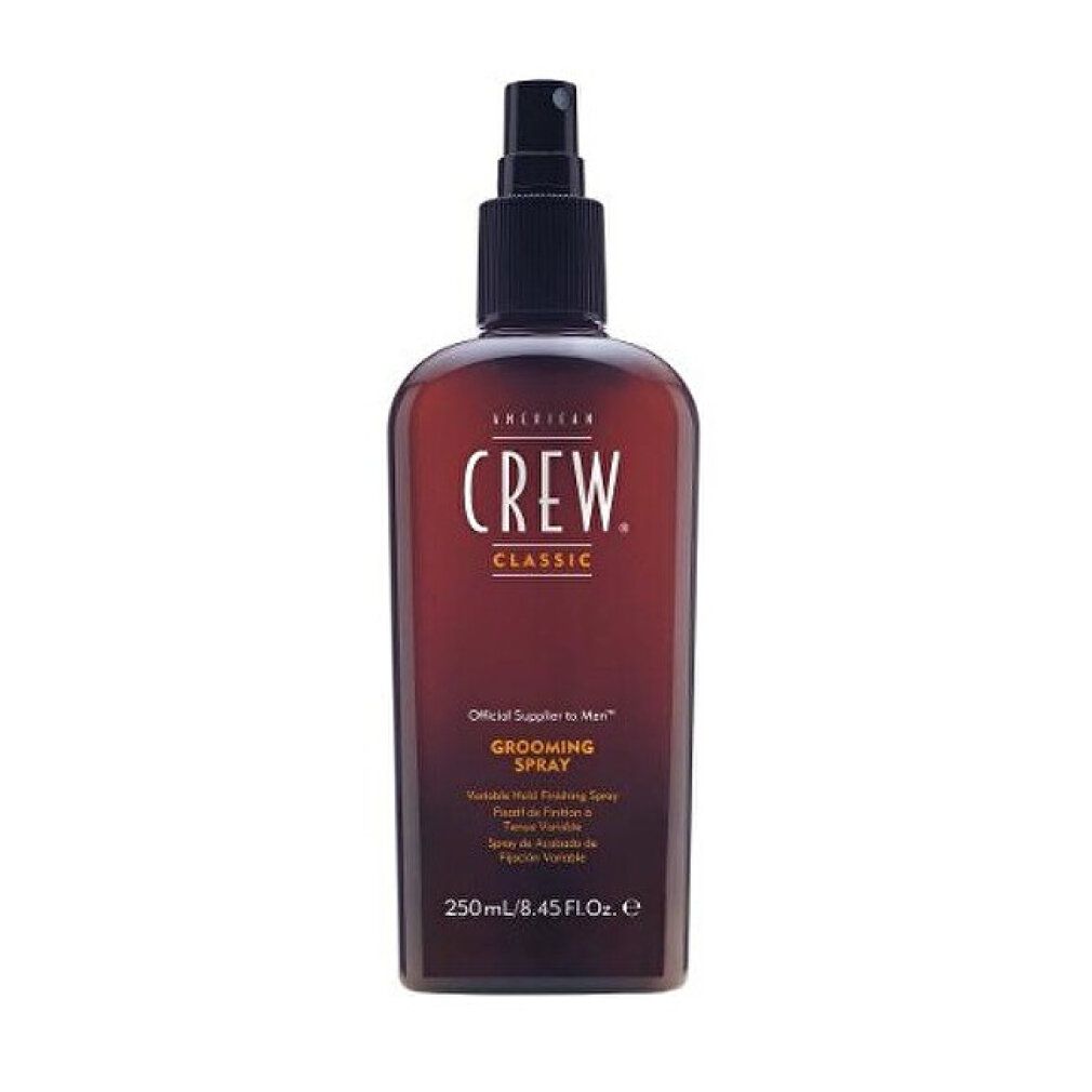 Flacone marrone con erogatore nero. Scritta: AMERICAN CREW, Classic, Grooming Spray. Volume: 250ml / 8.45 fl oz.