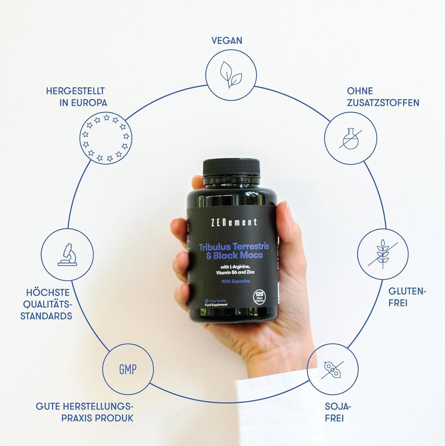 Flacone nero di capsule Zenement Tribulus Terrestris & Black Maca. Vegano, senza additivi, senza glutine, GMP, prodotto in Europa.