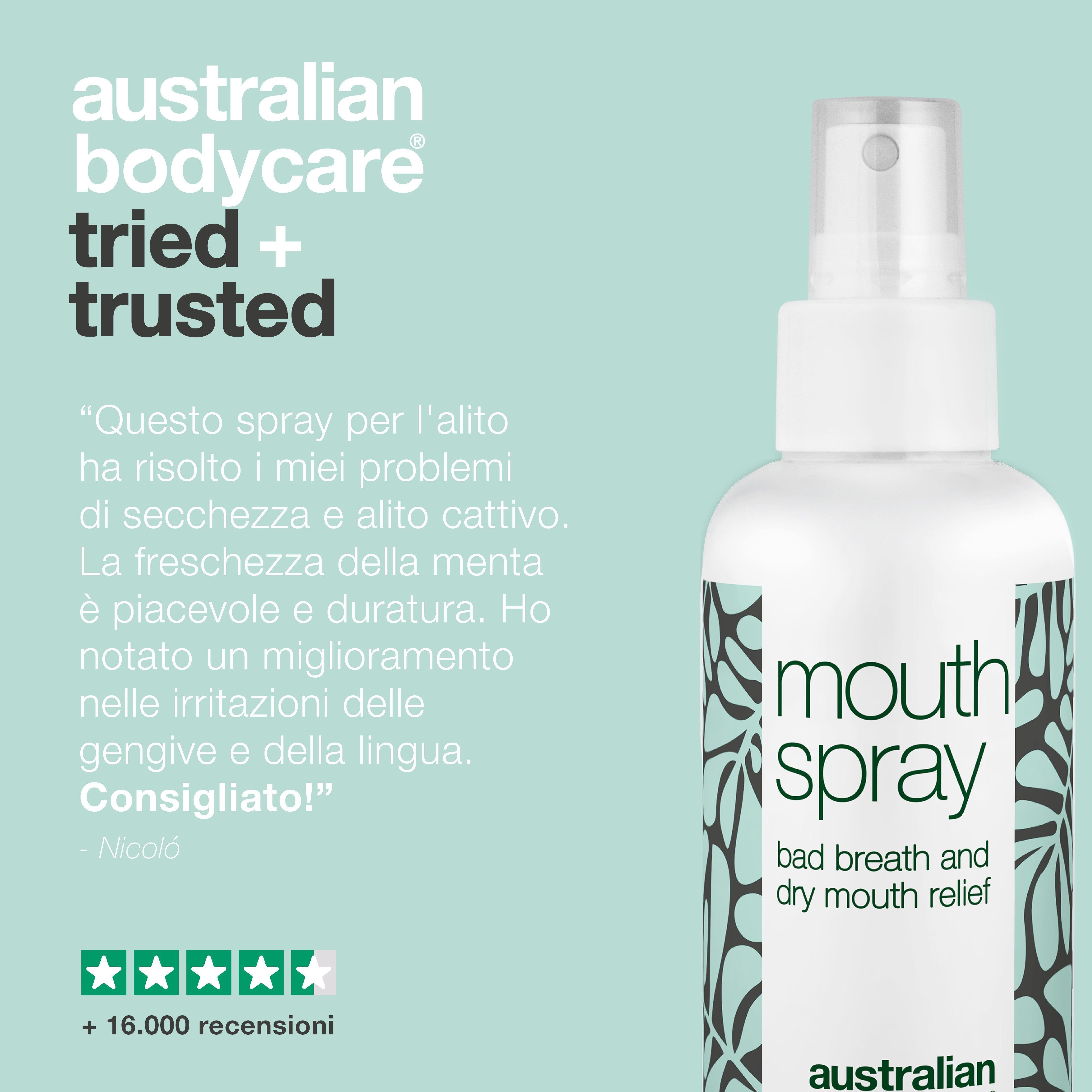 Flacone spray per la bocca. Testo: testimonianza con 5 stelle e oltre 16.000 recensioni.