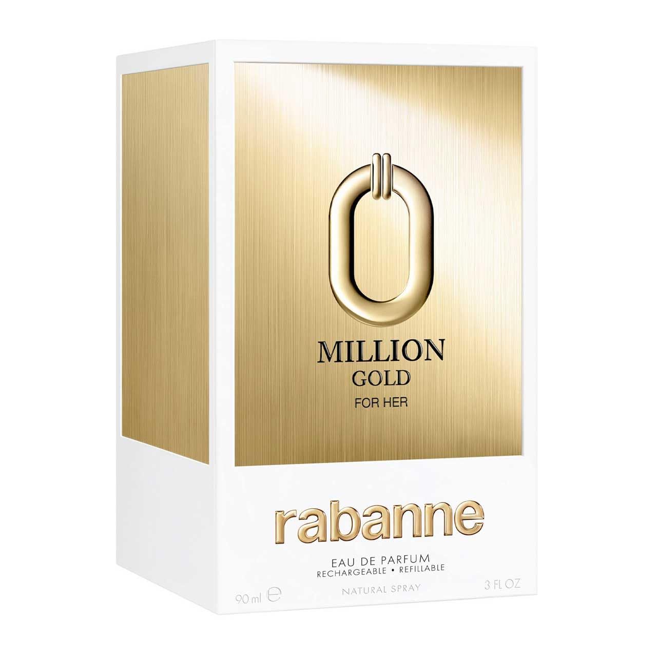 Confezione dorata con cornice bianca. Scritta: Million Gold for Her, Rabanne. Eau de Parfum, ricaricabile.