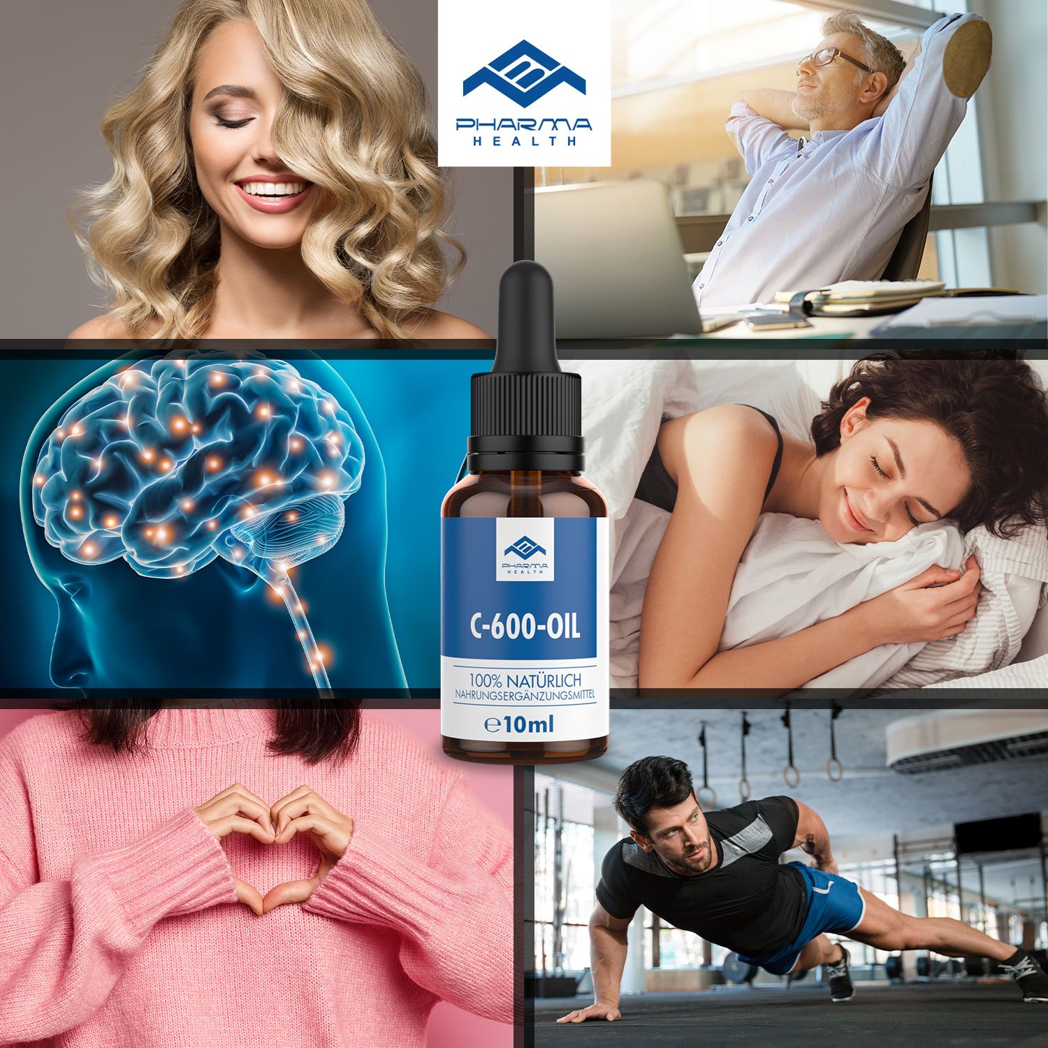 Flacone marrone con contagocce, circondato da immagini: cervello, donna, uomo che fa sport, uomo rilassato. Scritta C-600-OIL, e10ml.