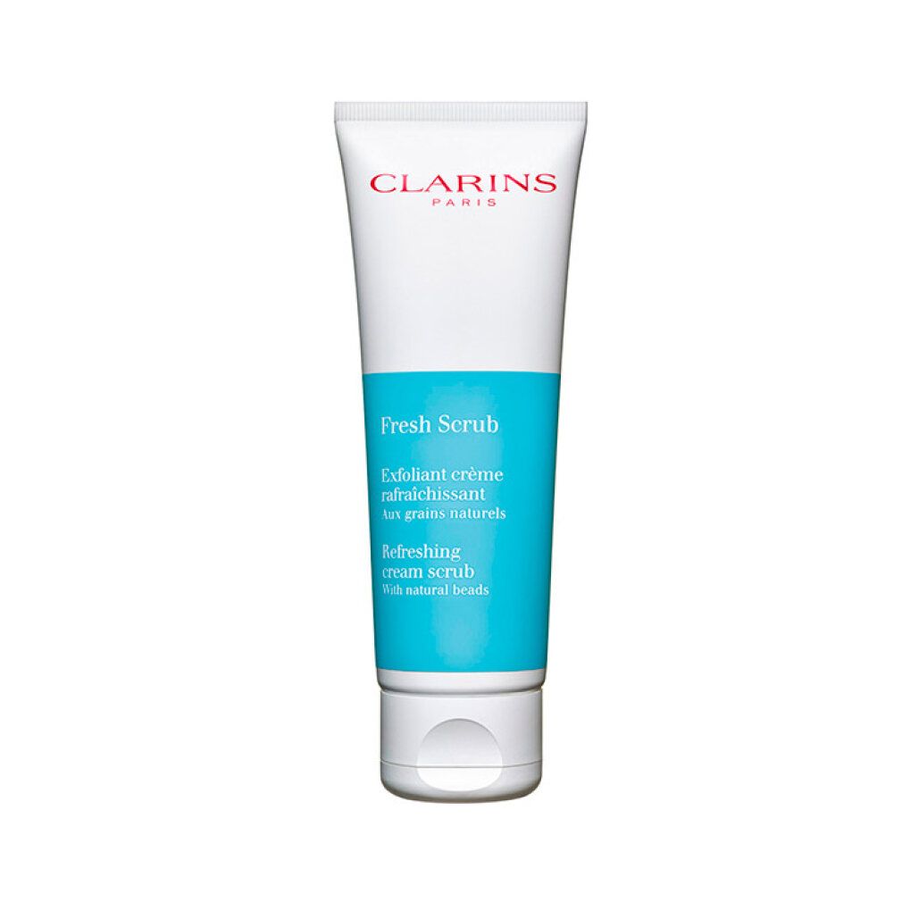 Tubo bianco con logo "Clarins" e scritta "Fresh Scrub". Sezione turchese con nome del prodotto e testo.