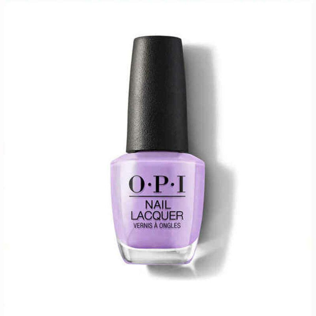 Flacone di smalto per unghie lilla chiaro. Tappo nero. Scritta OPI Nail Lacquer. Forma quadrata.