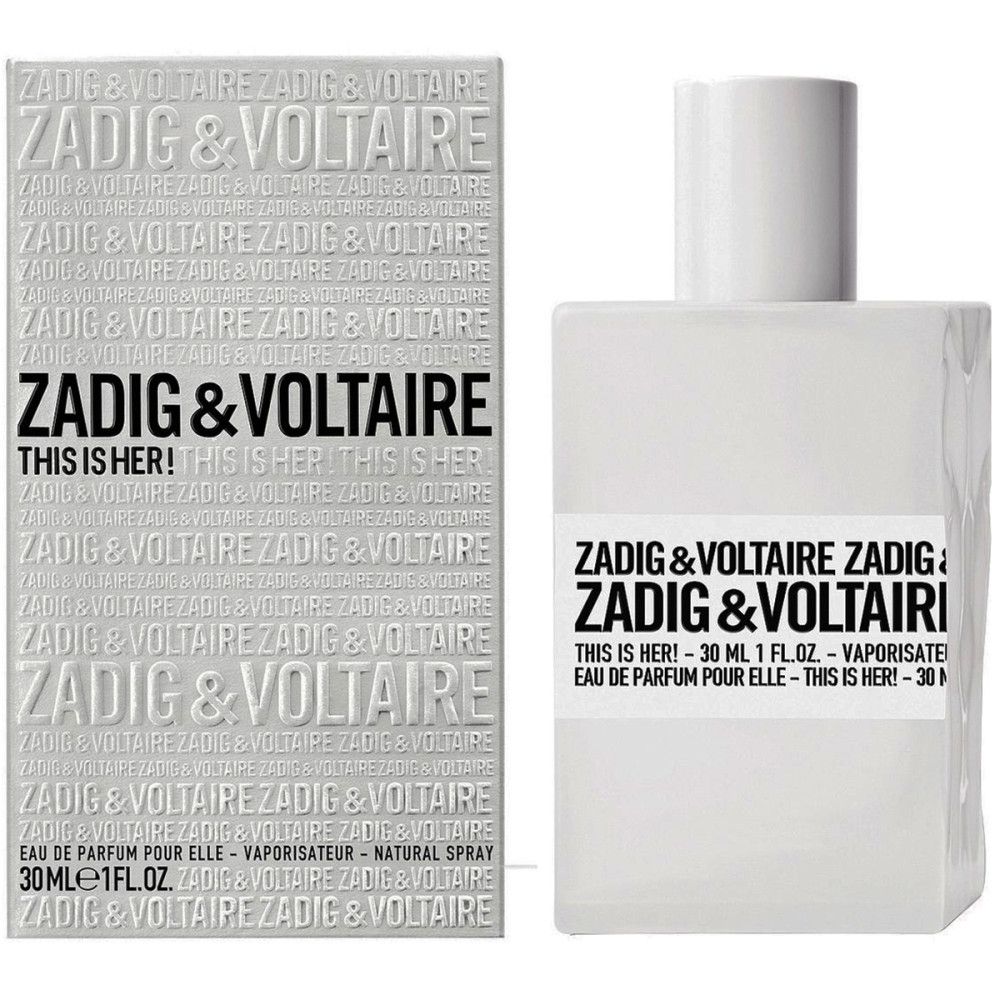 Flacone e confezione bianchi Zadig & Voltaire. Scritta: This Is Her! Eau de Parfum Spray 30ml.