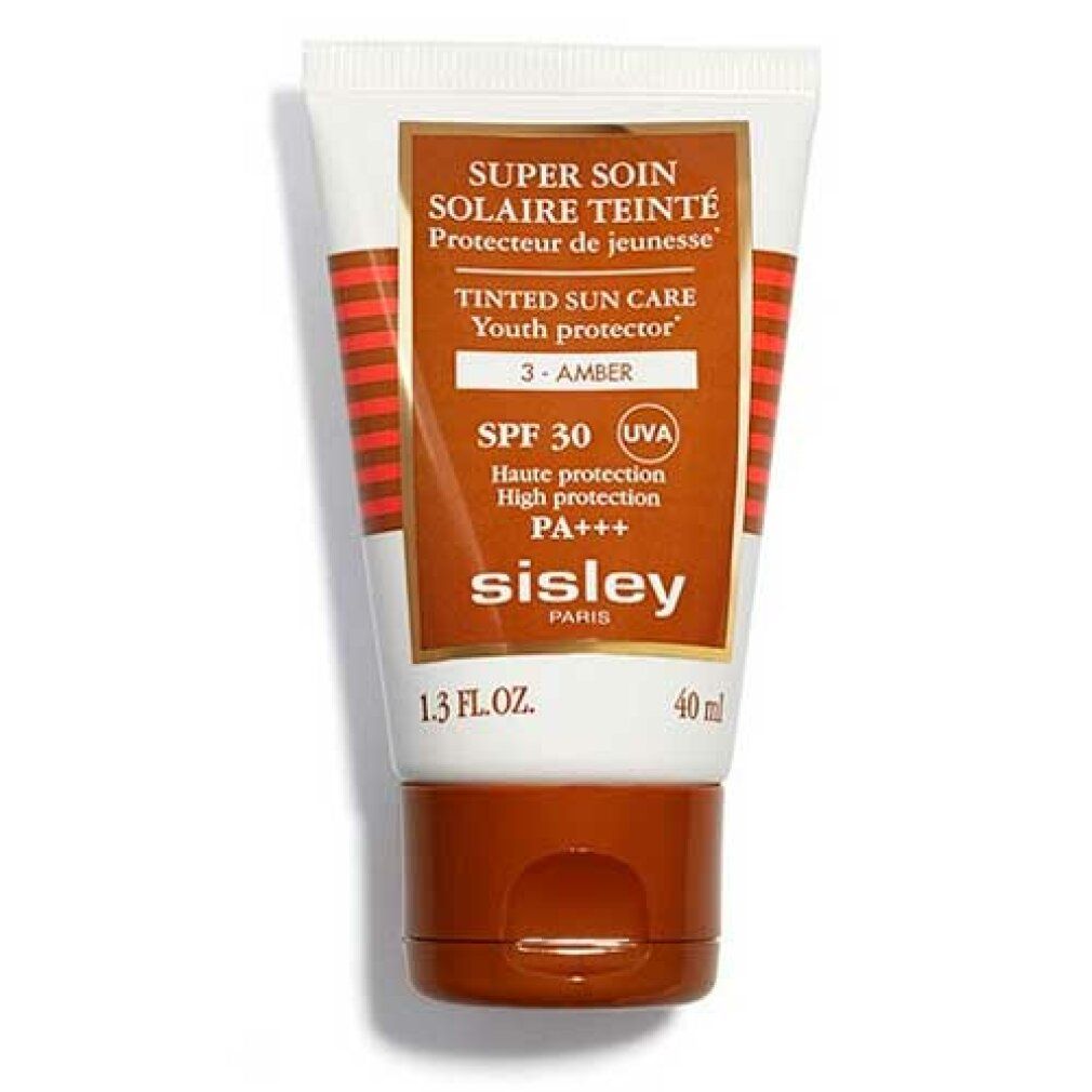 Tubo di Crema Solare Colorata SPF 30. Tubo bianco-marrone con informazioni sul prodotto. Marca: SISLEY. 40 ml.