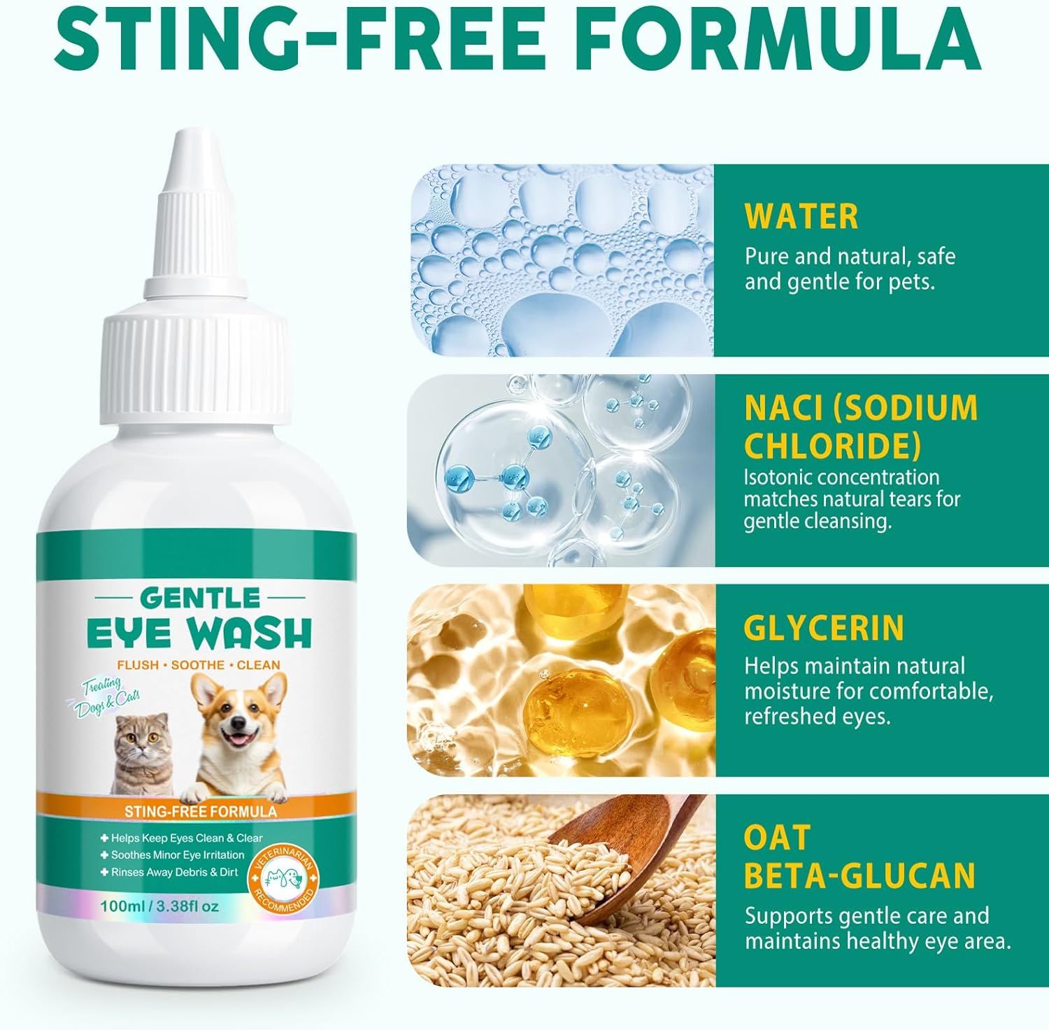 Flacone di lavaggio oculare con ingredienti: acqua, cloruro di sodio, glicerina, beta-glucano di avena. Testo: Gentle Eye Wash.
