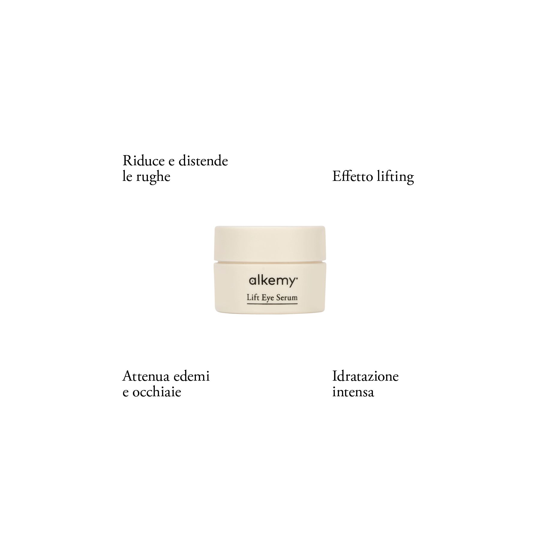 Vasetto di crema contorno occhi con etichetta 'Lift Eye Serum' e benefici del prodotto.
