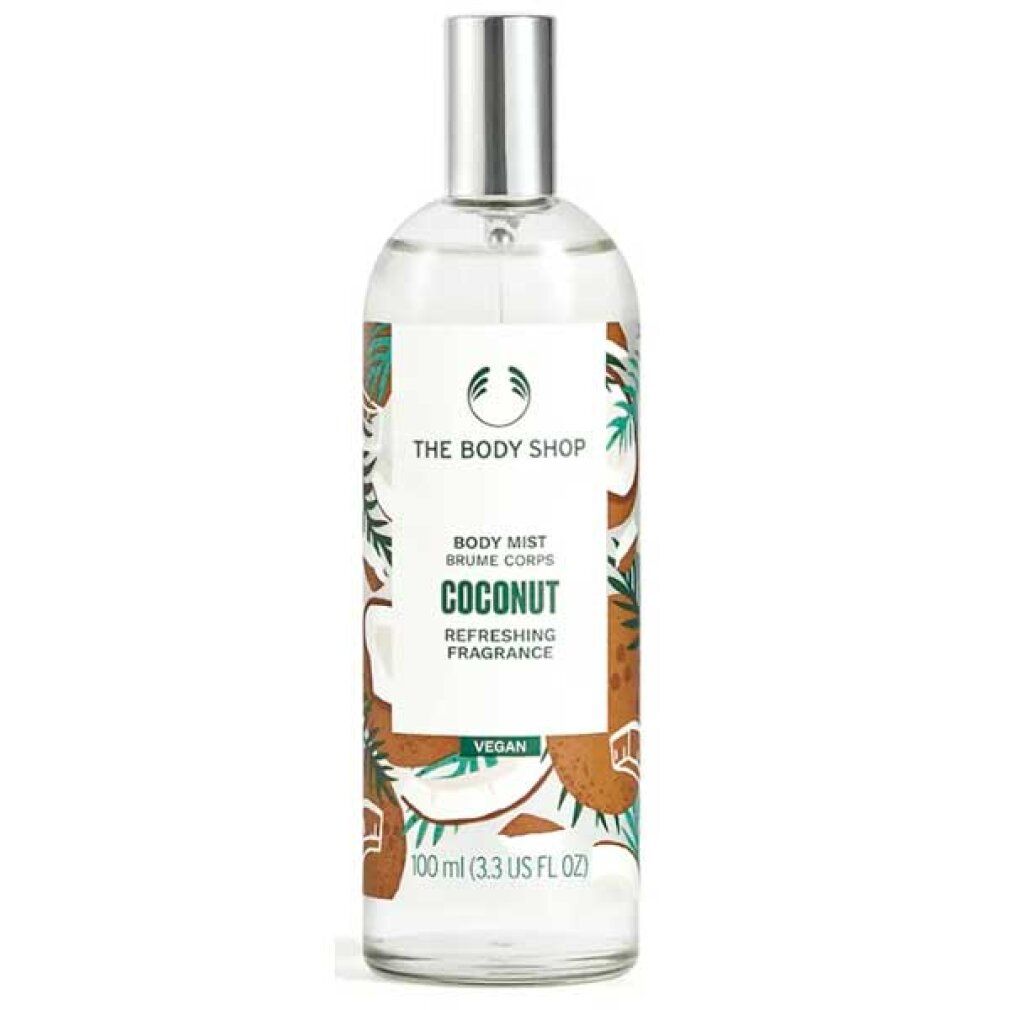 Flacone di nebbia per il corpo con vaporizzatore argentato. Scritta "Coconut". Decorazione cocco. Marchio: The Body Shop. Vegan.