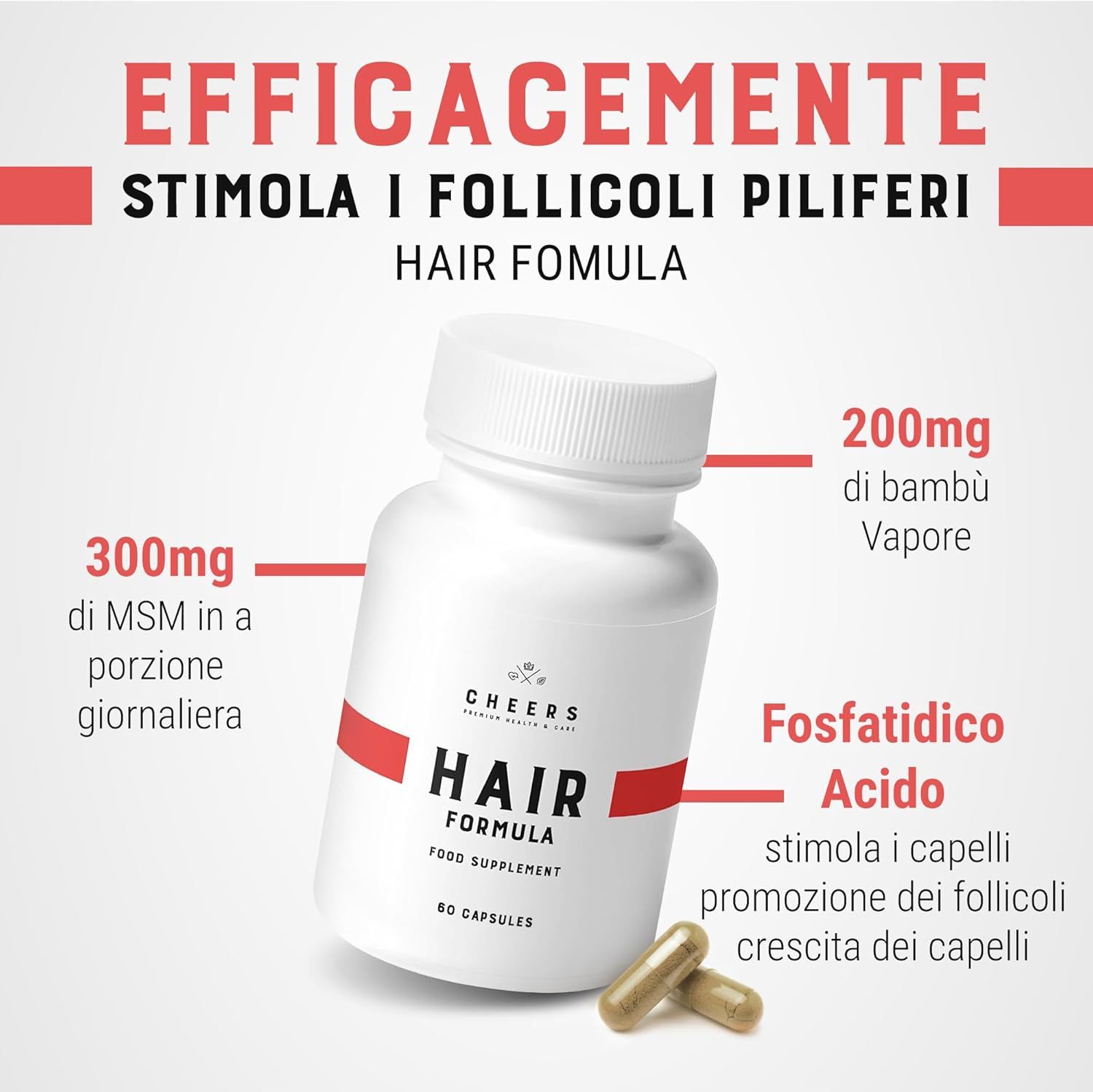 Flacone HAIR FORMULA. Testo: Stimola i follicoli piliferi. Ingredienti: MSM, bambù, acido fosfatidico.