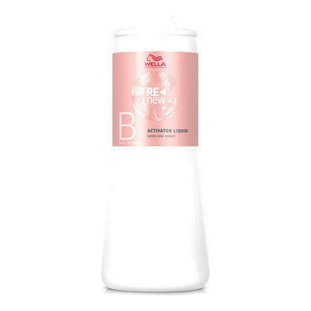 Flacone bianco con etichetta rosa. Scritta: Wella, RE+NEW, Activator Liquid. Forma conica.