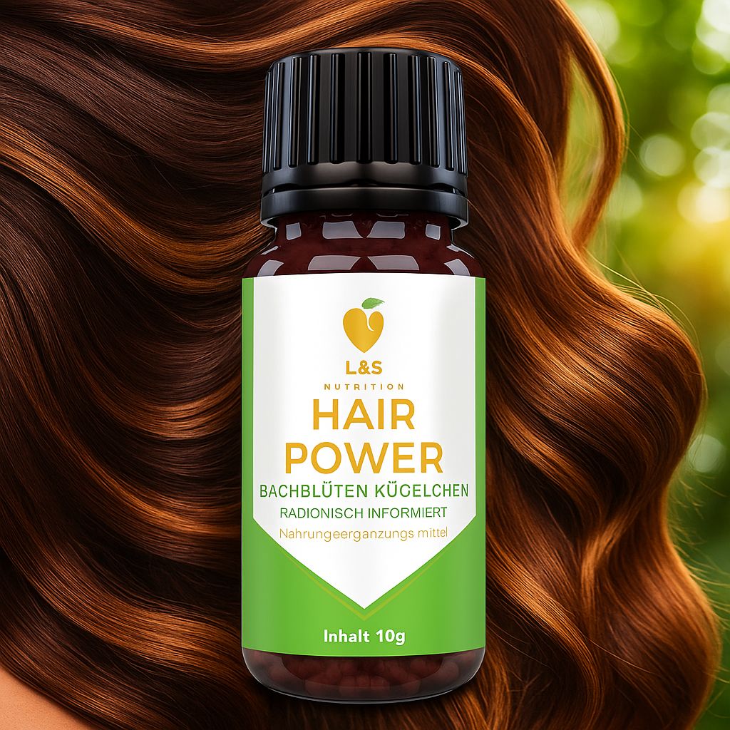 Flacone di vetro marrone con tappo nero ed etichetta verde. Scritta: HAIR POWER, Bachblüten Kügelchen, contenuto 10g. Sfondo: capelli castani.