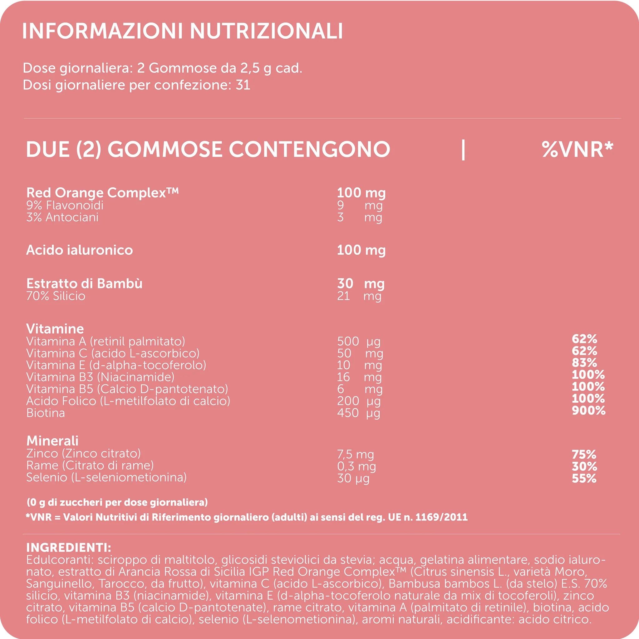 Informazioni nutrizionali. Contiene informazioni su ingredienti, vitamine e minerali. Testo in italiano.