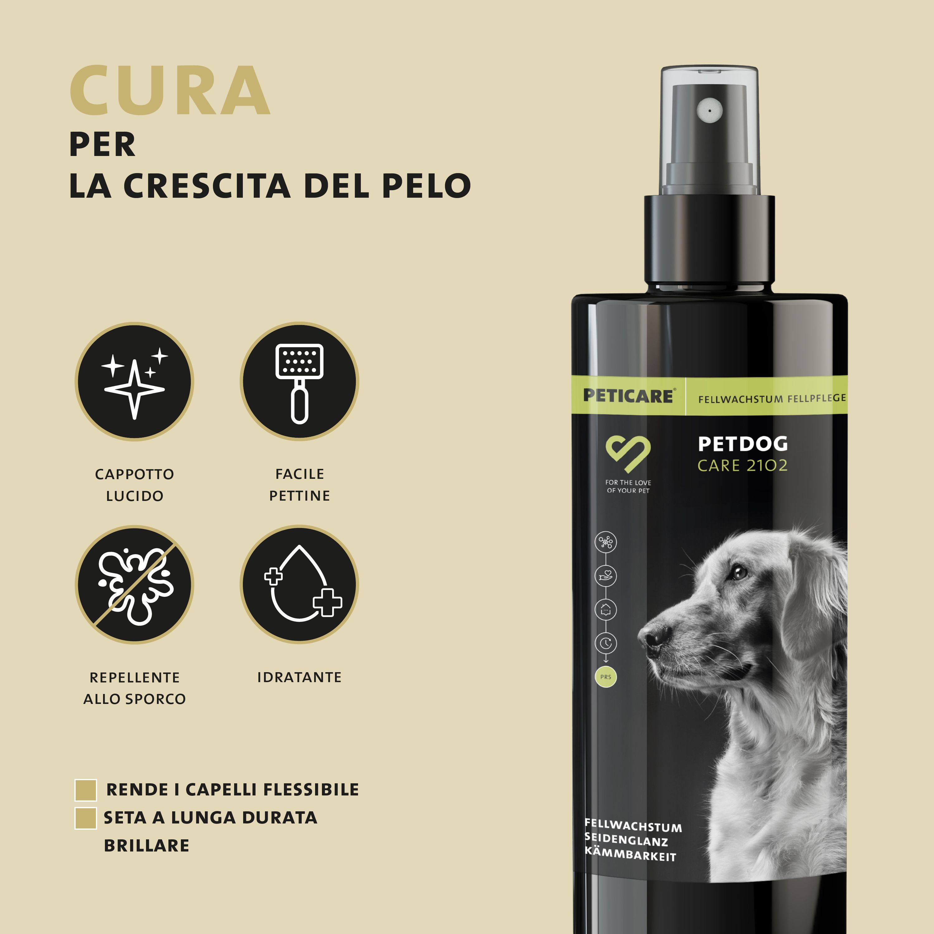 Flacone nero con spruzzatore. Testo: Peticare Petdog Care 2102. Caratteristiche: lucentezza del pelo, facile pettinatura, repellente allo sporco, idratante.