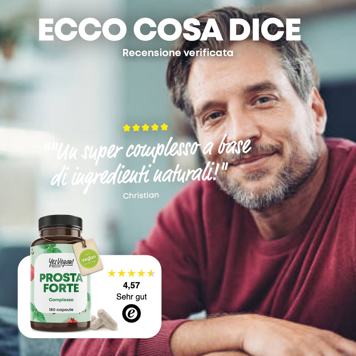 Barattolo Prosta Forte Komplex da 180 capsule con sigillo vegano e due capsule.