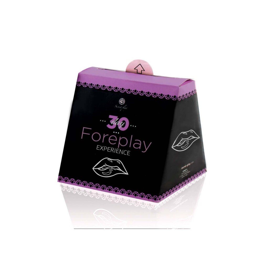 Scatola trapezoidale '30 Foreplay EXPERIENCE'. Base nera, coperchio viola. Illustrazioni di labbra. Logo del marchio. Testo in inglese.