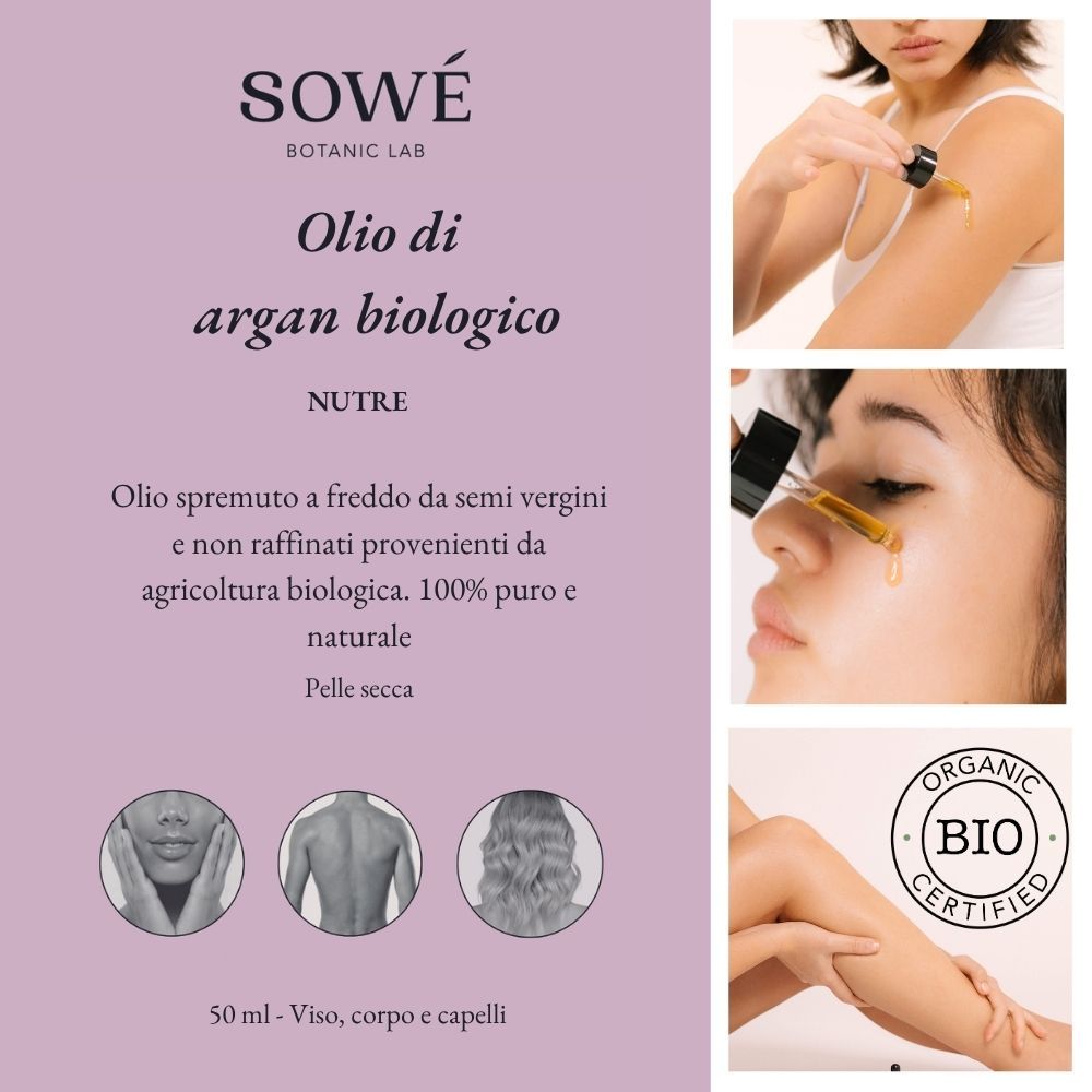 Pannello pubblicitario con testo: SOWÉ, Olio di argan biologico, Nutre, olio spremuto a freddo, 100% puro e naturale. Certificazione bio. Foto di pelle.