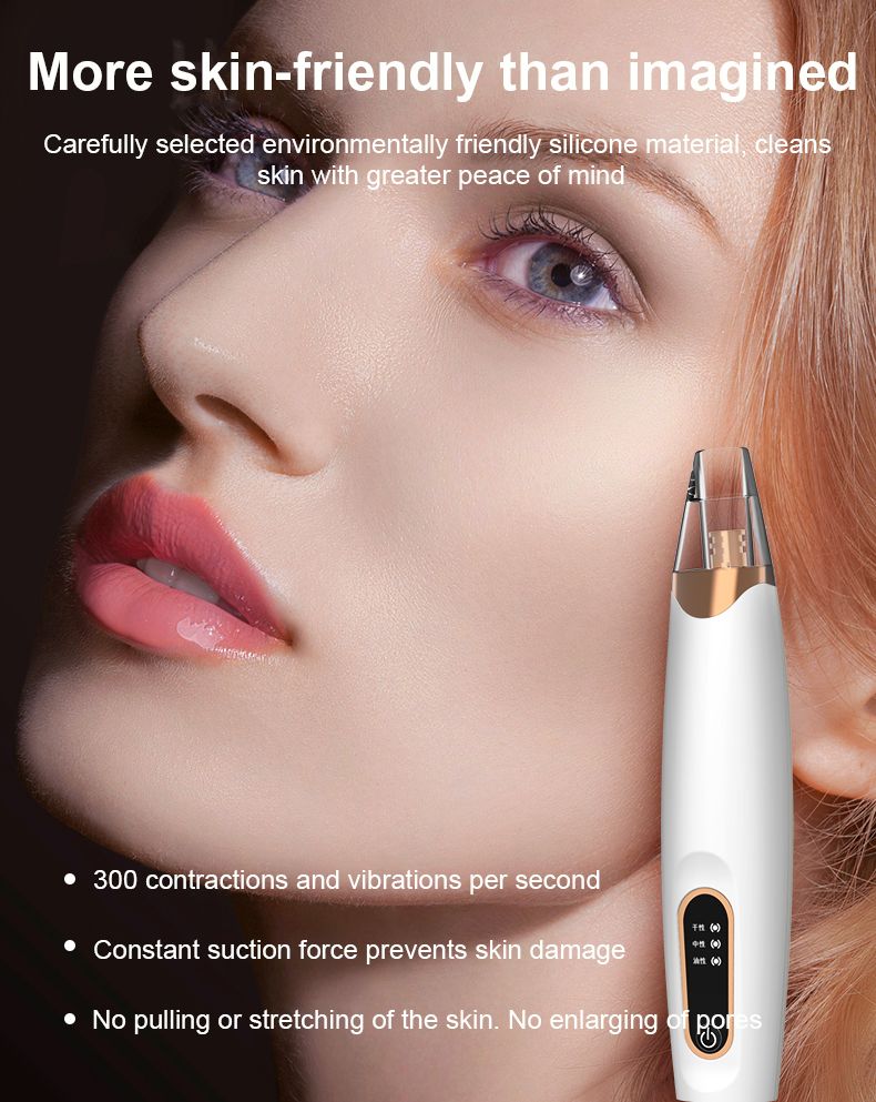 Dispositivo ErthSkin London per la pulizia profonda dei pori. Bianco con dettagli dorati. Posizionato sul viso. Testo: More skin-friendly than imagined.