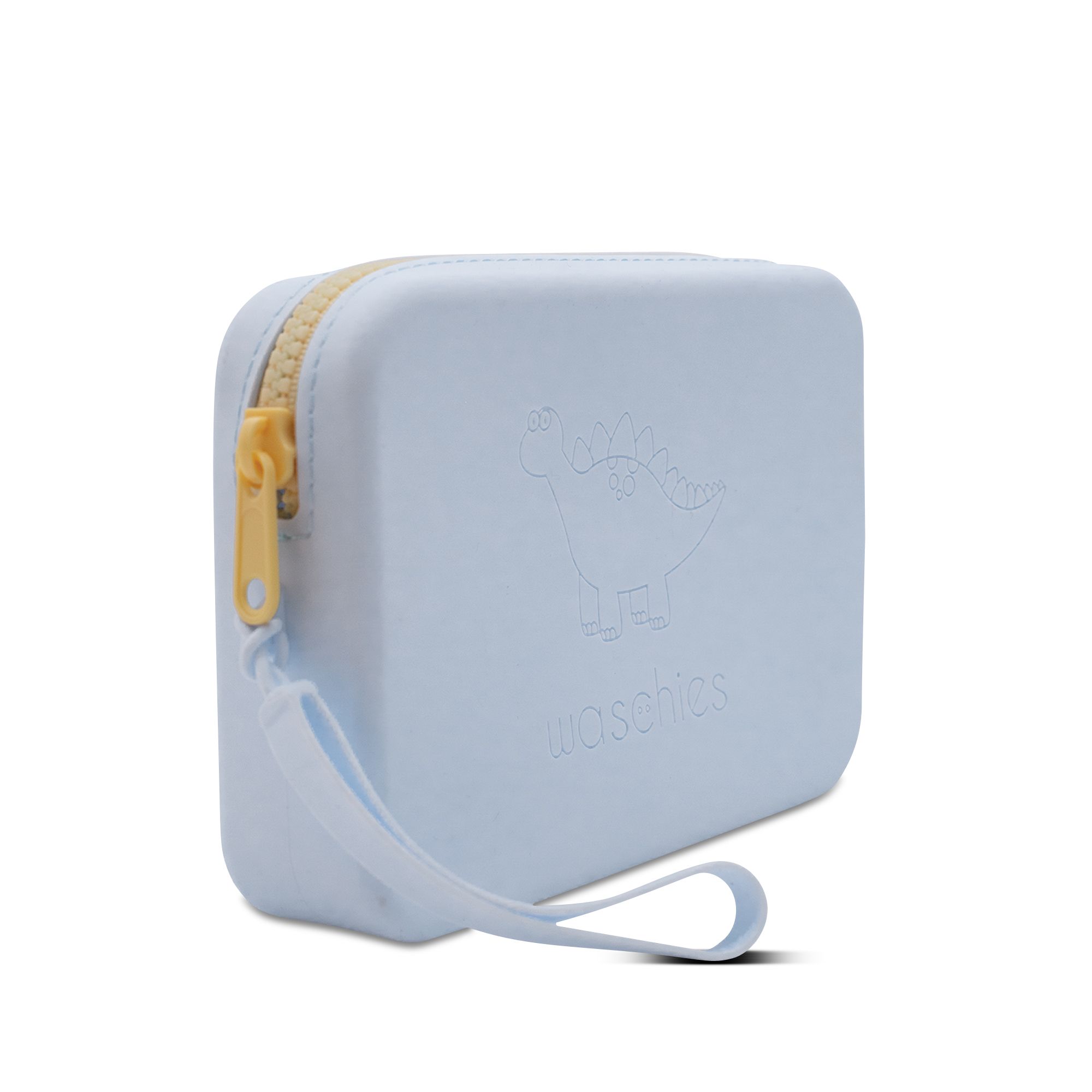 Custodia rettangolare azzurra con zip gialla e motivo dinosauro. Con cinturino da polso e scritta 'waschies'.