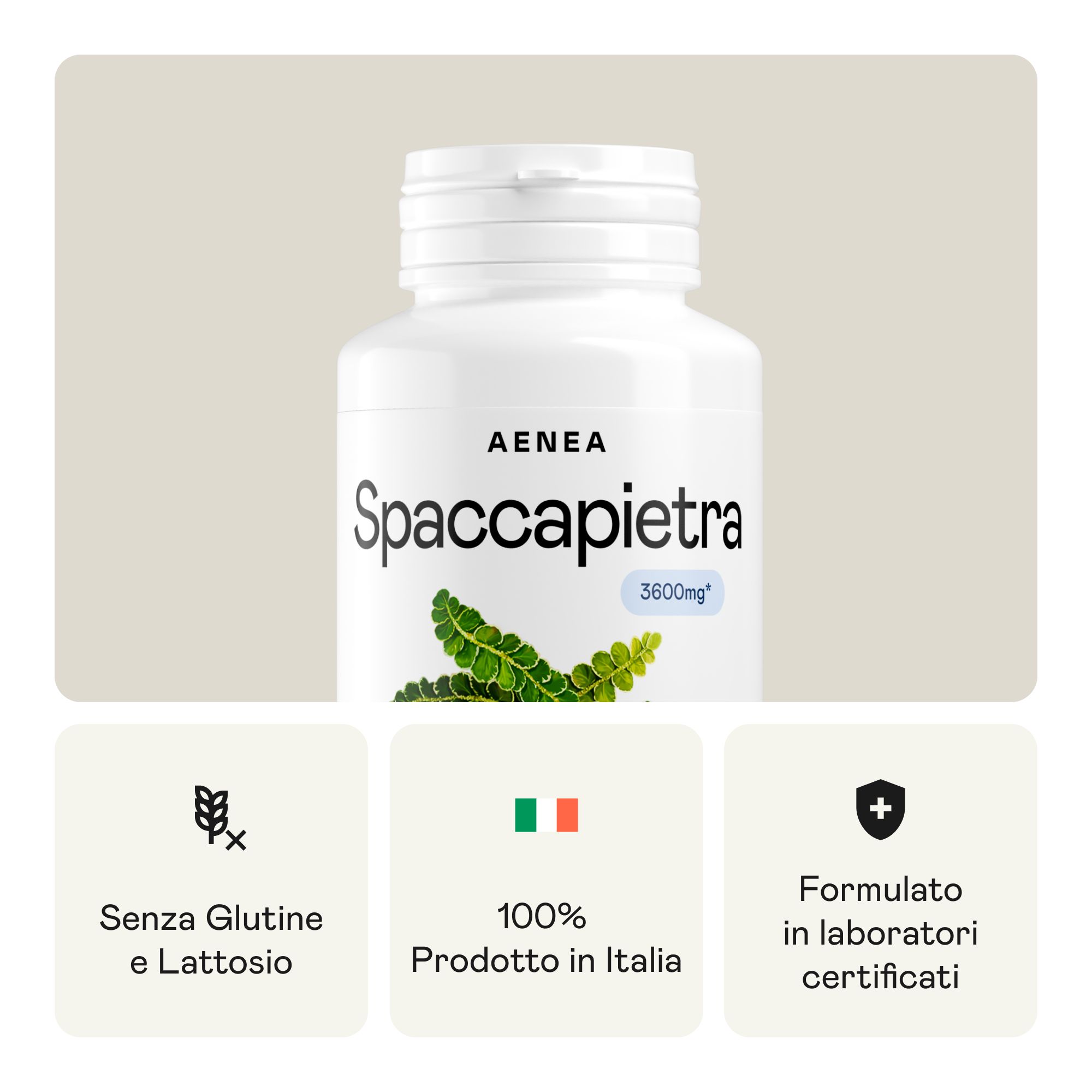 Flacone bianco di compresse Aenea Spaccapietra. Senza glutine, senza lattosio, prodotto in Italia. Laboratori certificati.