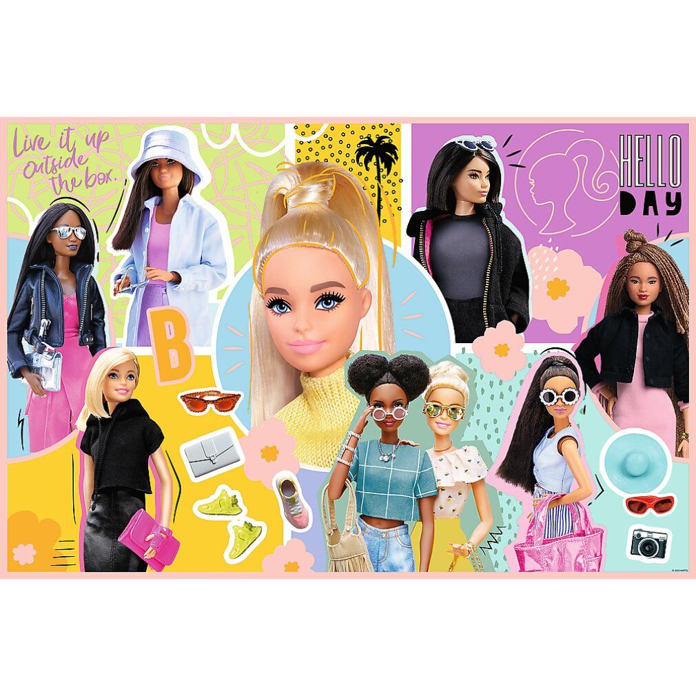 Puzzle con illustrazioni di Barbie. Diverse bambole Barbie con abiti diversi. Sfondo con scritte e simboli.