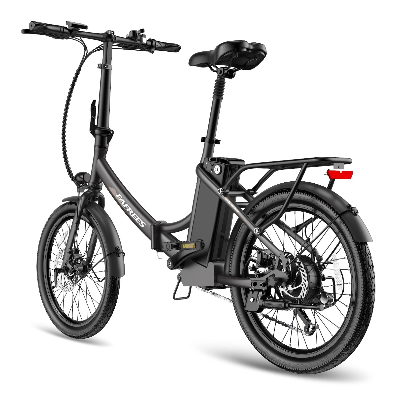 E-bike pieghevole nera con portapacchi, fanale posteriore e batteria. Marchio FAFREES.