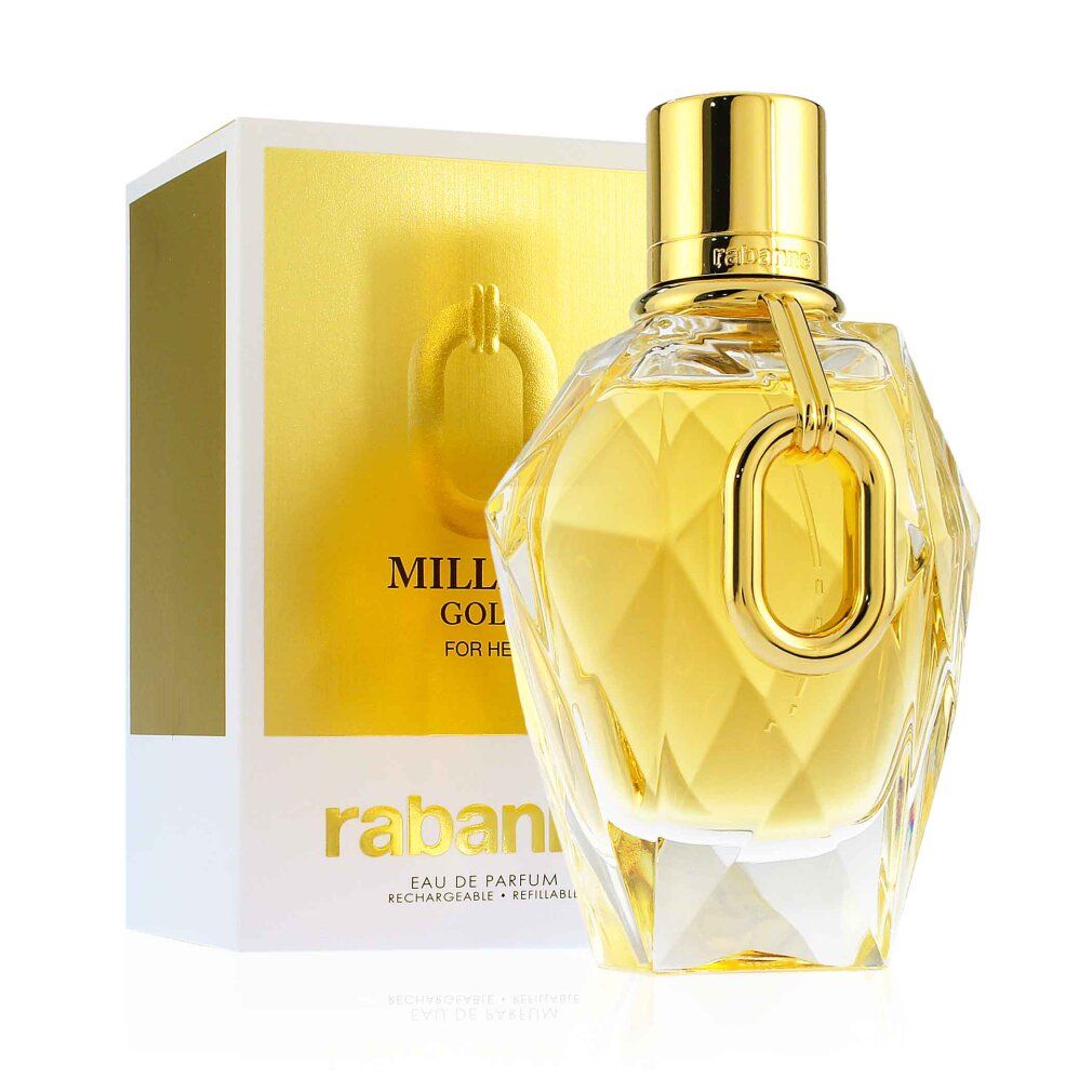 Flacone e confezione dorati. Scritta: Million Gold for Her, Rabanne. Eau de Parfum, ricaricabile.