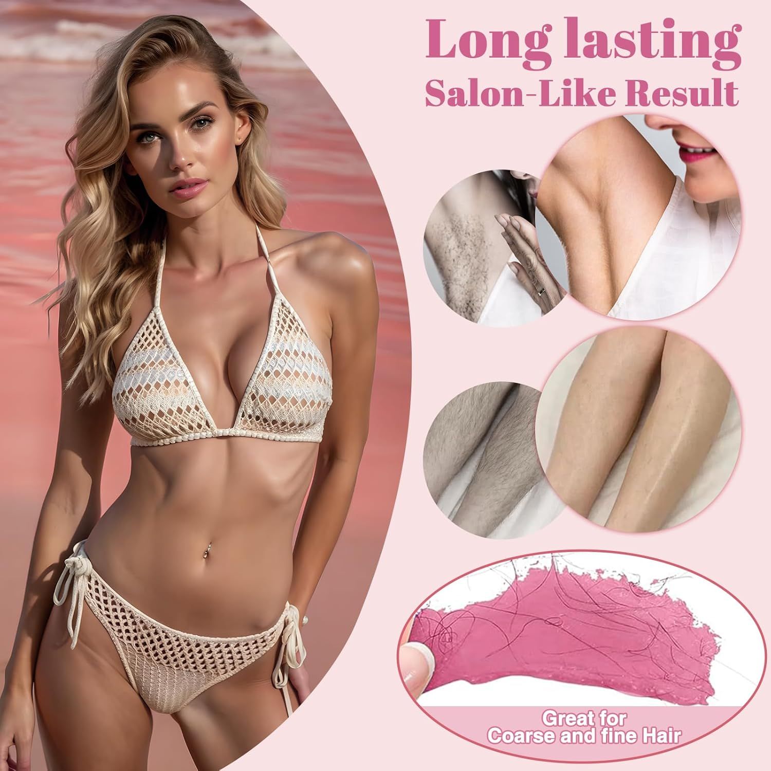 Donna in bikini. Illustrazioni mostrano i risultati della depilazione su ascelle e gambe. Cera rosa sulla pelle.