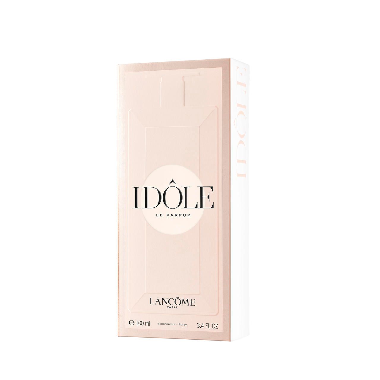 Confezione rosa con stampa IDÔLE LE PARFUM e LANCÔME. E 100 ml, 3.4 FL.OZ.