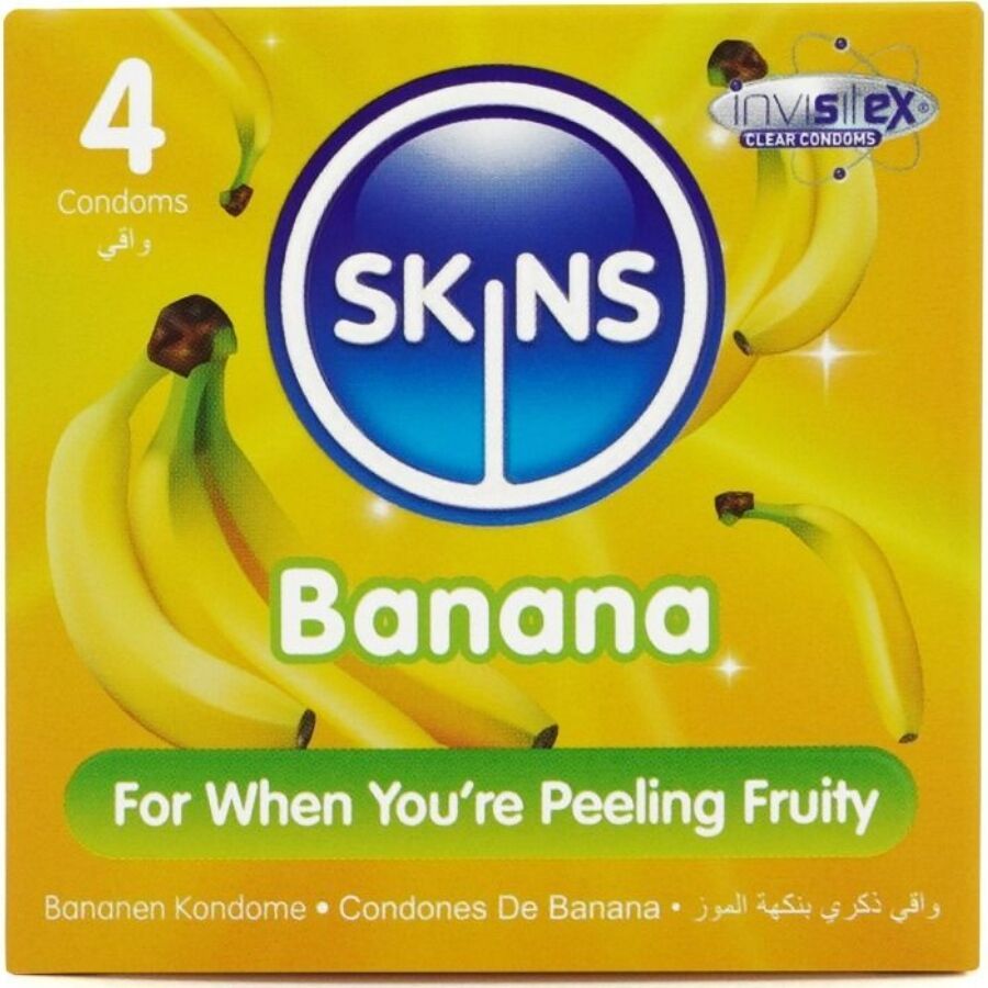Confezione da 4 preservativi Skins Banana. Giallo con disegno di banane e testo.