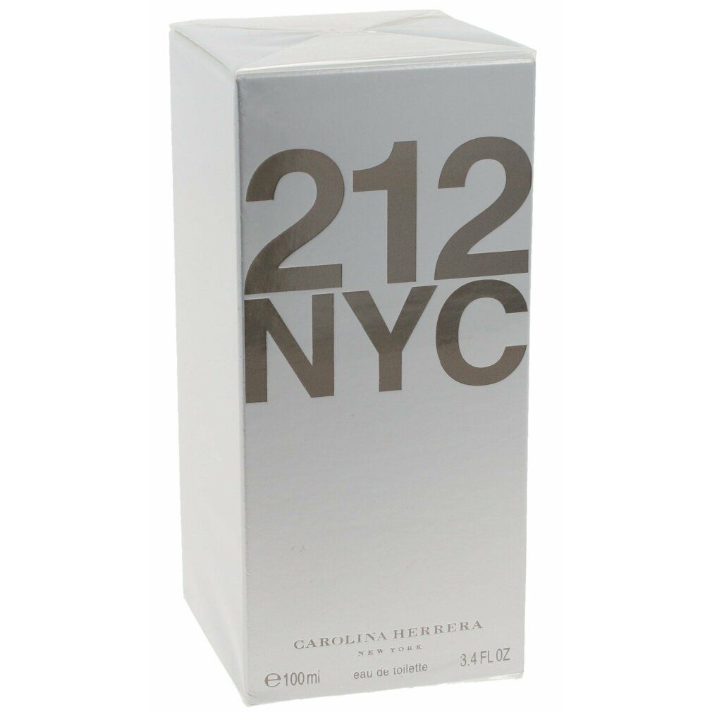 Confezione rettangolare bianca con scritta 212 NYC. In basso, Carolina Herrera e eau de toilette.