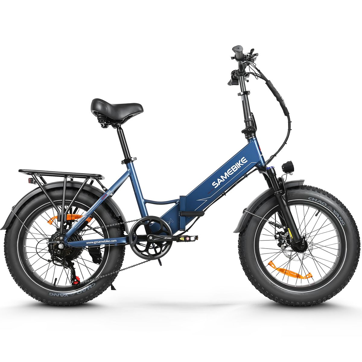 E-bike pieghevole blu. Pneumatici neri, portapacchi, sella. Marchio SAMEBIKE.
