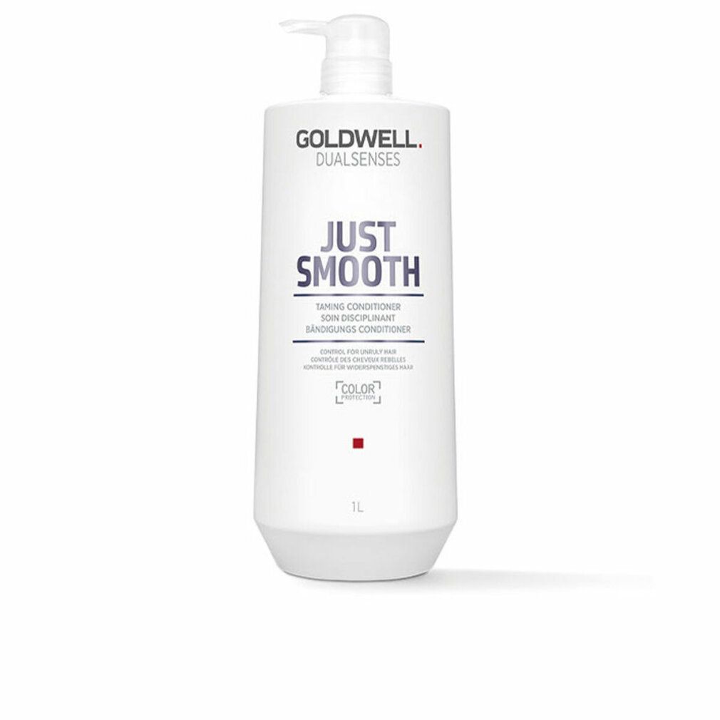 Conditioner Goldwell Dualsenses Just Smooth. Flacone bianco con dosatore. Nome e logo visibili.