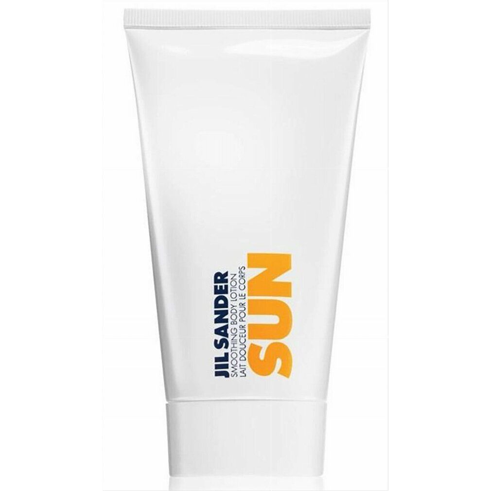 Tubo bianco con scritta SUN arancione. Logo Jil Sander e testo. Lozione corpo levigante.
