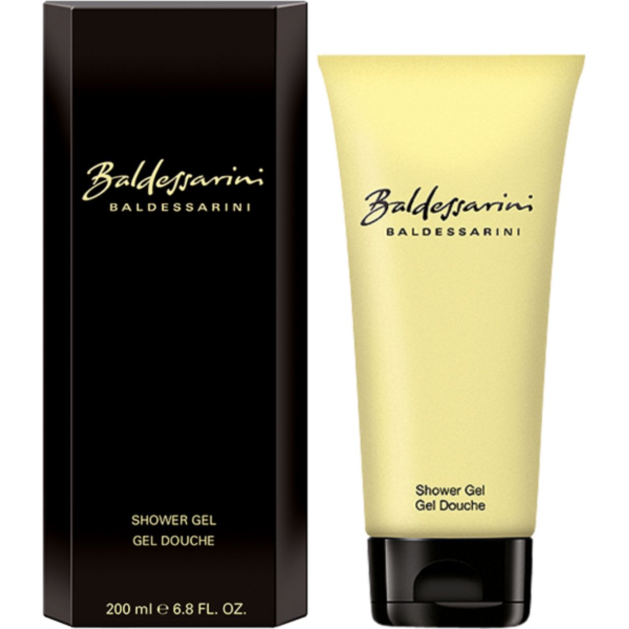 Tubo giallo e confezione nera. Scritta Baldessarini. Scritta: Shower Gel, Gel Douche. 200 ml.
