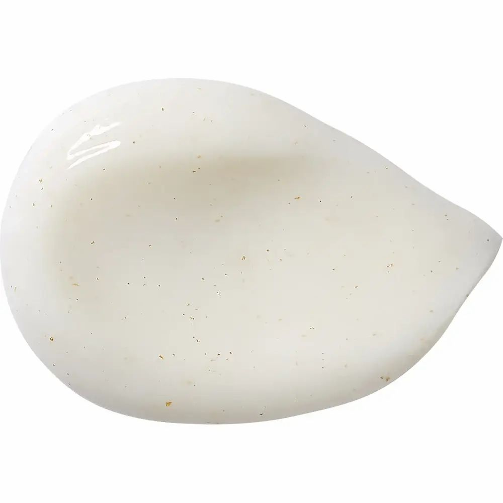 Siero bianco con particelle dorate. Forma a goccia. Sfondo bianco.