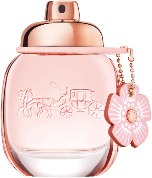 Coach Floral Eau de Parfum Spray. Flacone rosa con tappo e ciondolo dorati. Design a carrozza in rilievo.