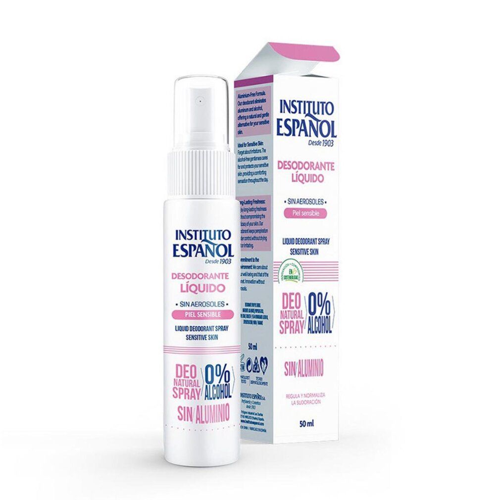Spray deodorante e confezione Instituto Español. Scritta rosa: Deodorante Liquido, pelle sensibile. 0% alcool, senza alluminio.