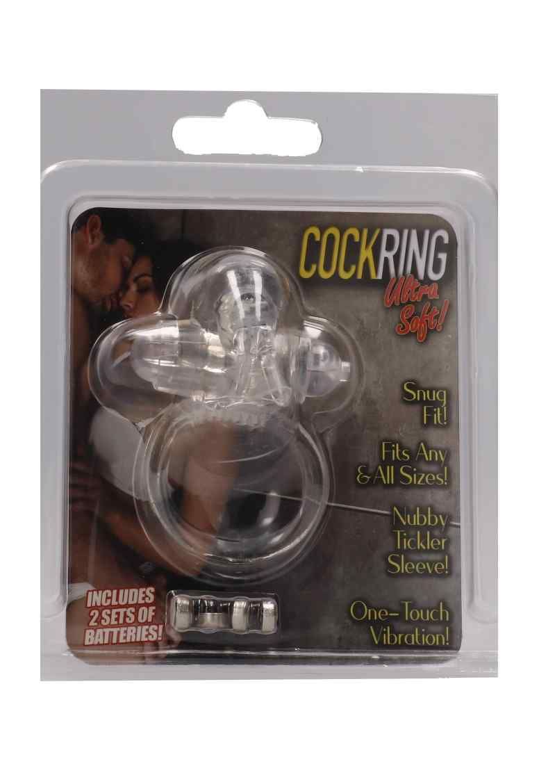 Anello fallico trasparente vibrante. Confezione con immagine e testo: Ultra Safe, Snug Fit, Nubby Tickler Sleeve. Include batterie.