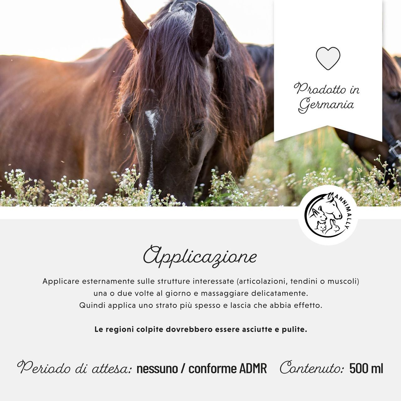 Cavalli in un campo. Testo: Applicazione. Prodotto in Germania. Contenuto: 500 ml.