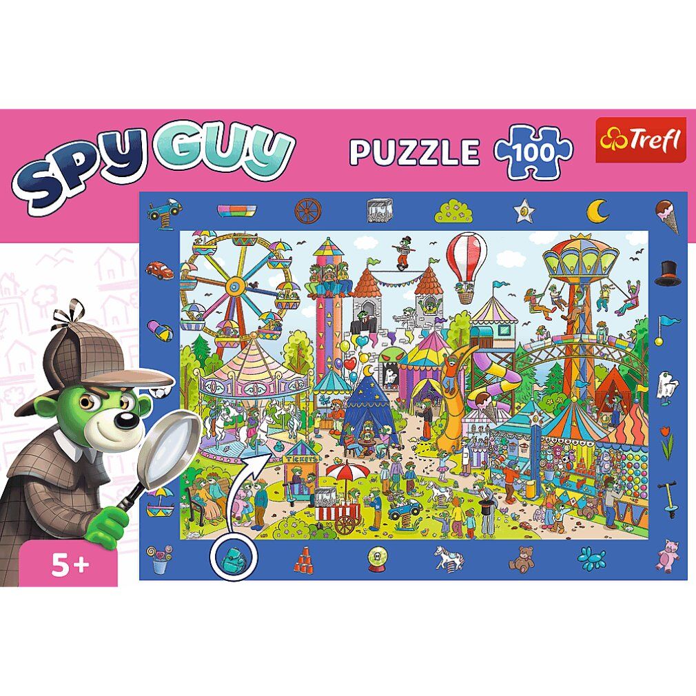 Puzzle con tema Spy Guy. Confezione con Spy Guy e pezzi del puzzle. 100 pezzi. Consigliato per 5+. Logo Trefl.