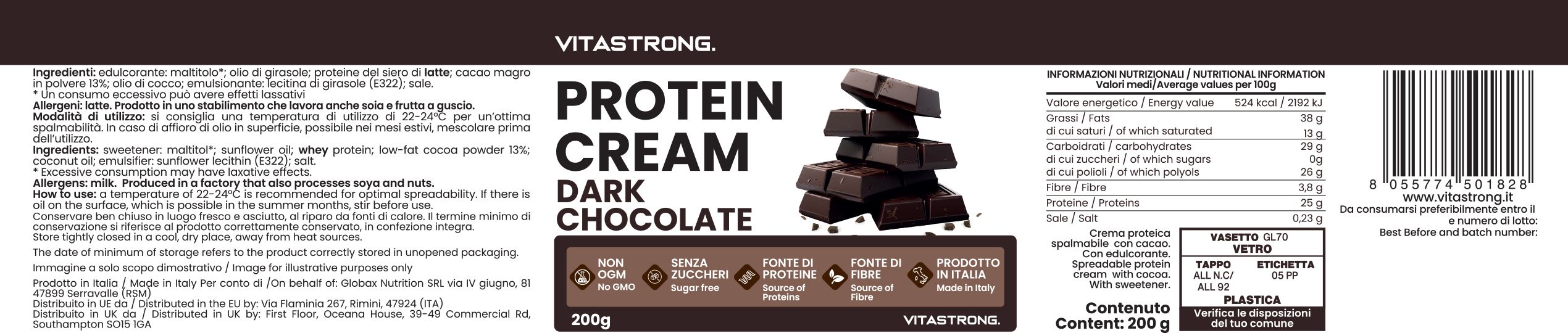 Crema proteica al cioccolato fondente in barattolo. Scritta: Vitastrong Protein Cream Dark Chocolate. 200g. Senza zuccheri aggiunti.